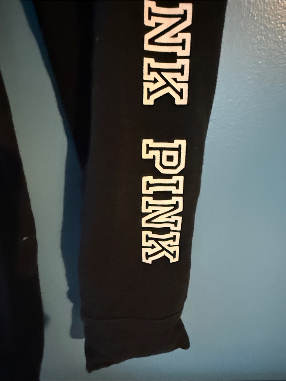PINK Victoria's Secret Black Joggers with Green Waistband and White Logo- Small - Picture 3 of 5